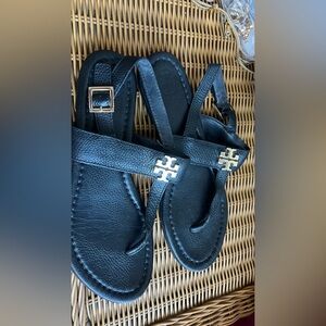 Tory Burch Black Sandals with Gold Emblem